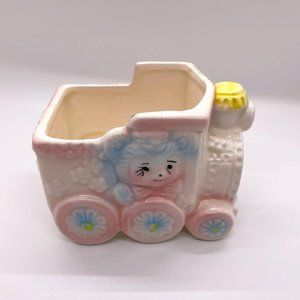 Vintage UCGC Pastel Pink Blue Train Planter Baby Nursery Ceramic Herb Succulent